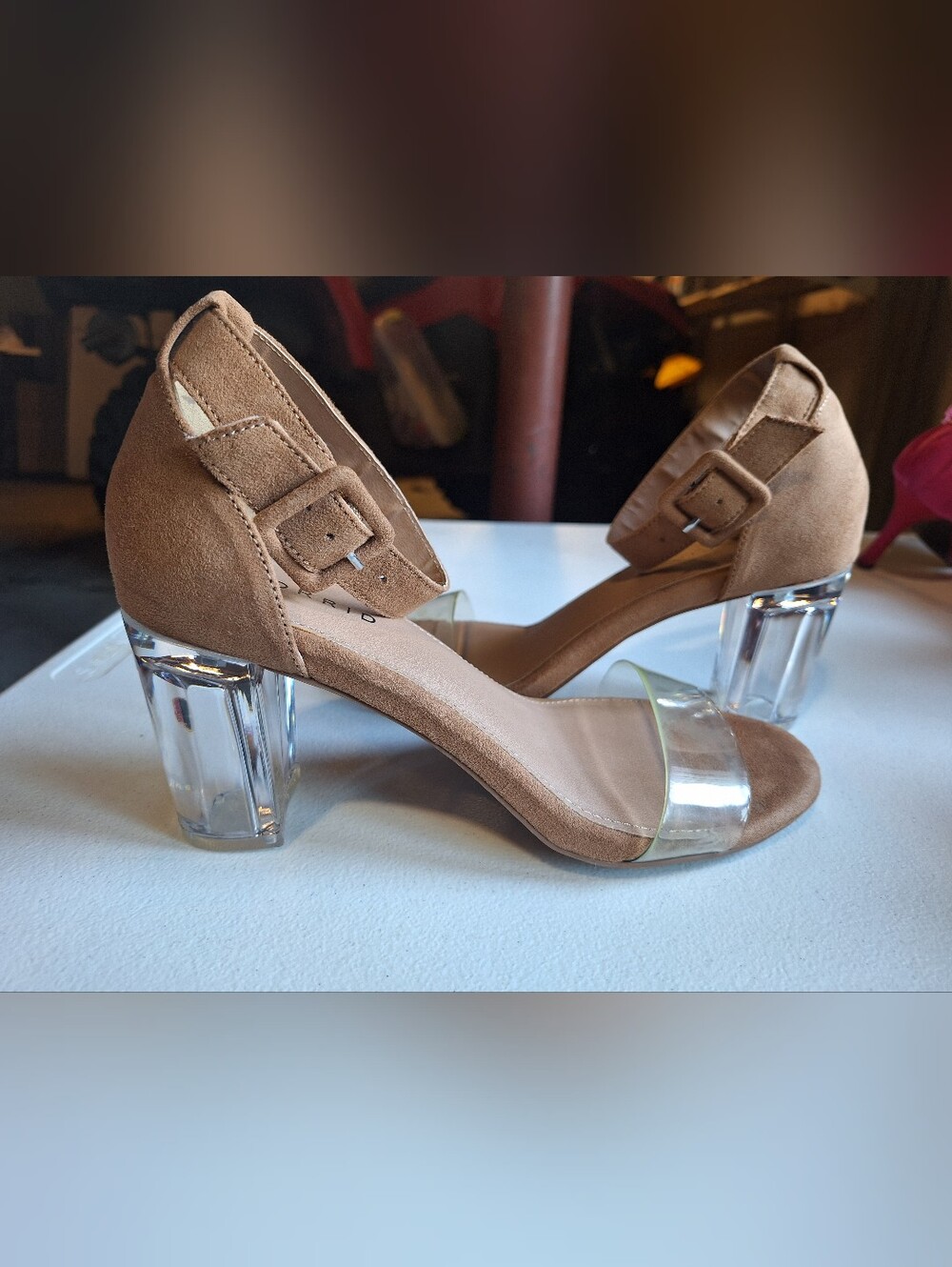 torrid Clear Block Heel Sandals with Tan Suede Ankle Strap